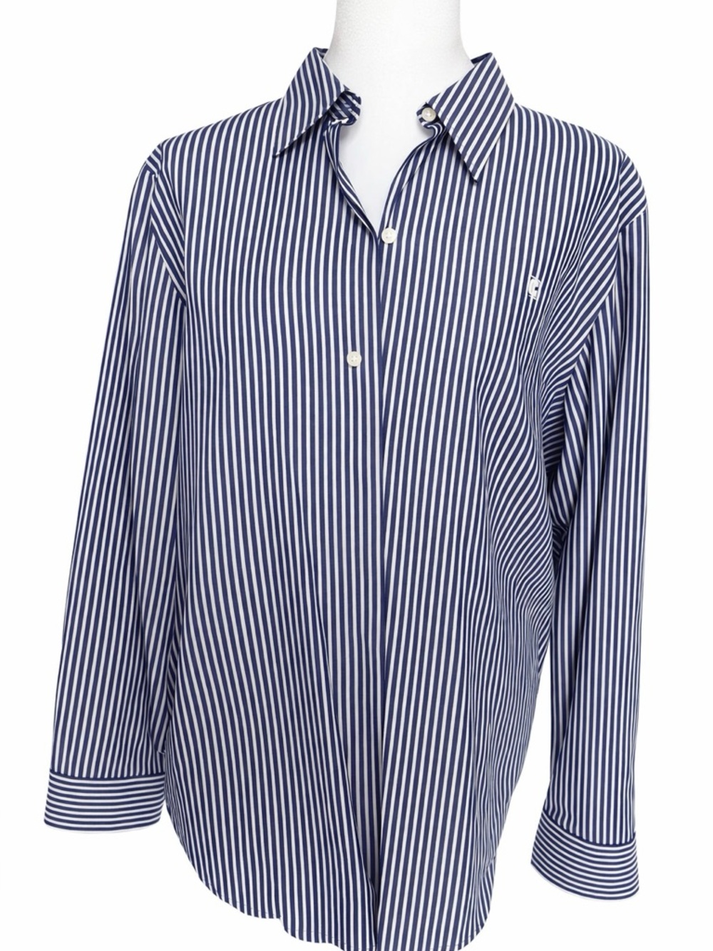 NWT Ladies Cotton Chaps Navy and White Vertical Stripe Dress Shirt. Size XL